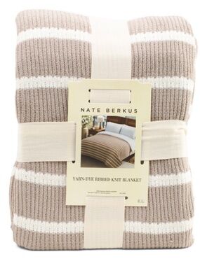 Nate Berkus Taupe and White Ribbed Knit Blanket